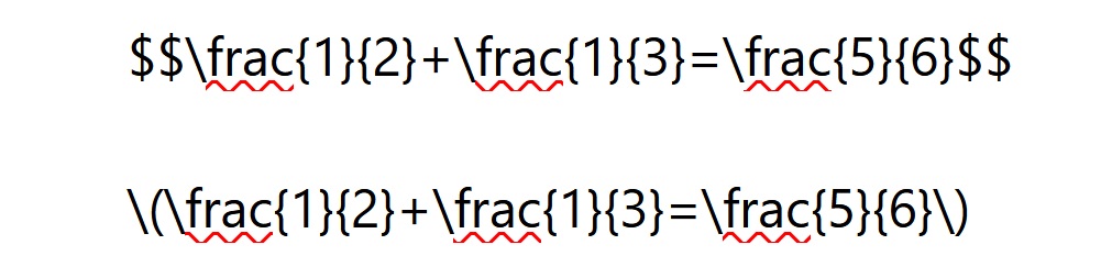 $$\frac{1}{2}+\frac{1}{3}=\frac{5}{6}$$
\(\frac{1}{2}+\frac{1}{3}=\frac{5}{6}\)